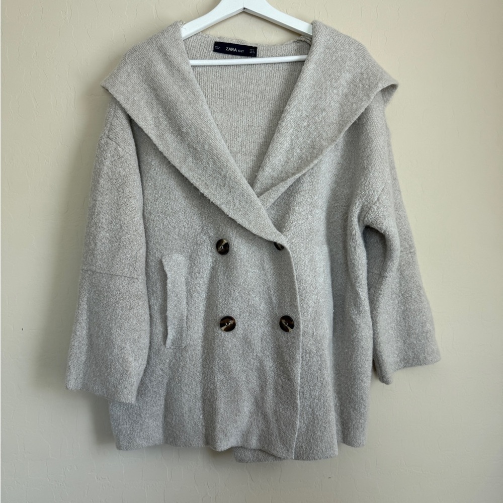 Zara Knit Double Breasted Blazer Sweater Coat Jacket Hooded Oatmeal Beige Small - Picture 3 of 11